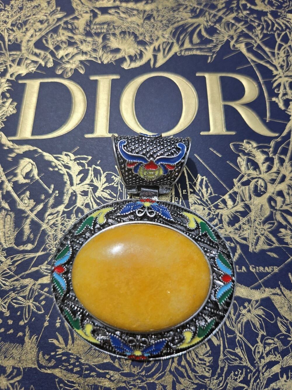 Large Tribal Boho Yellow Colorful Silver Tone natural stone Pendant 60x70mm